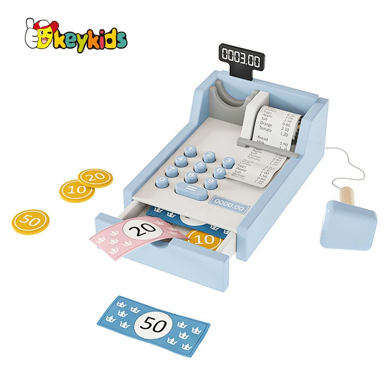 Customize Preschool Boys Girls Pretend Play Wooden Cash Register Toy with Scanner and Credit Card W10A203