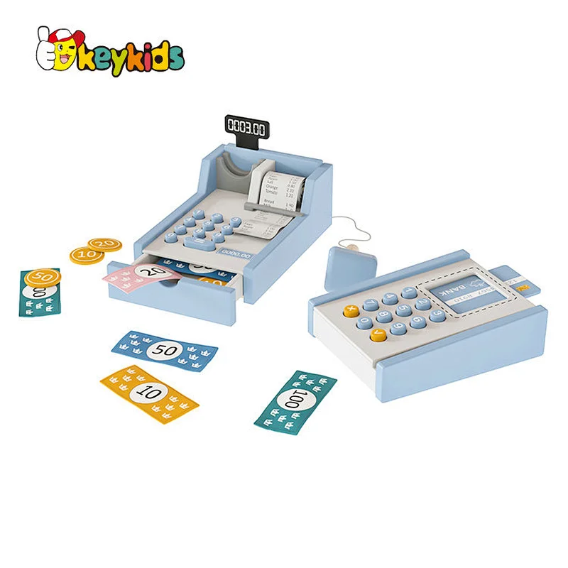 Customize Preschool Boys Girls Pretend Play Wooden Cash Register Toy with Scanner and Credit Card W10A203