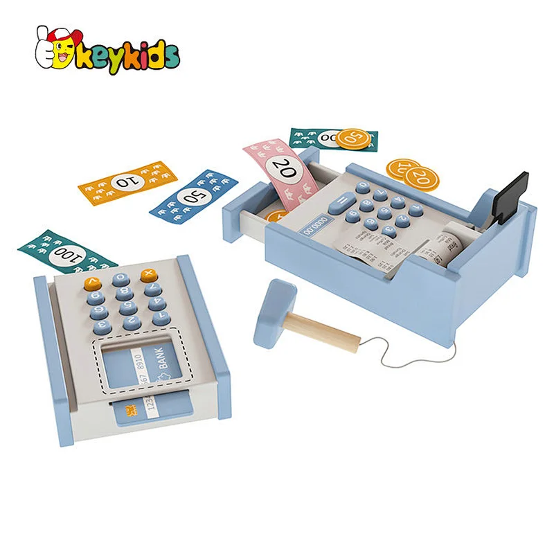 Customize Preschool Boys Girls Pretend Play Wooden Cash Register Toy with Scanner and Credit Card W10A203