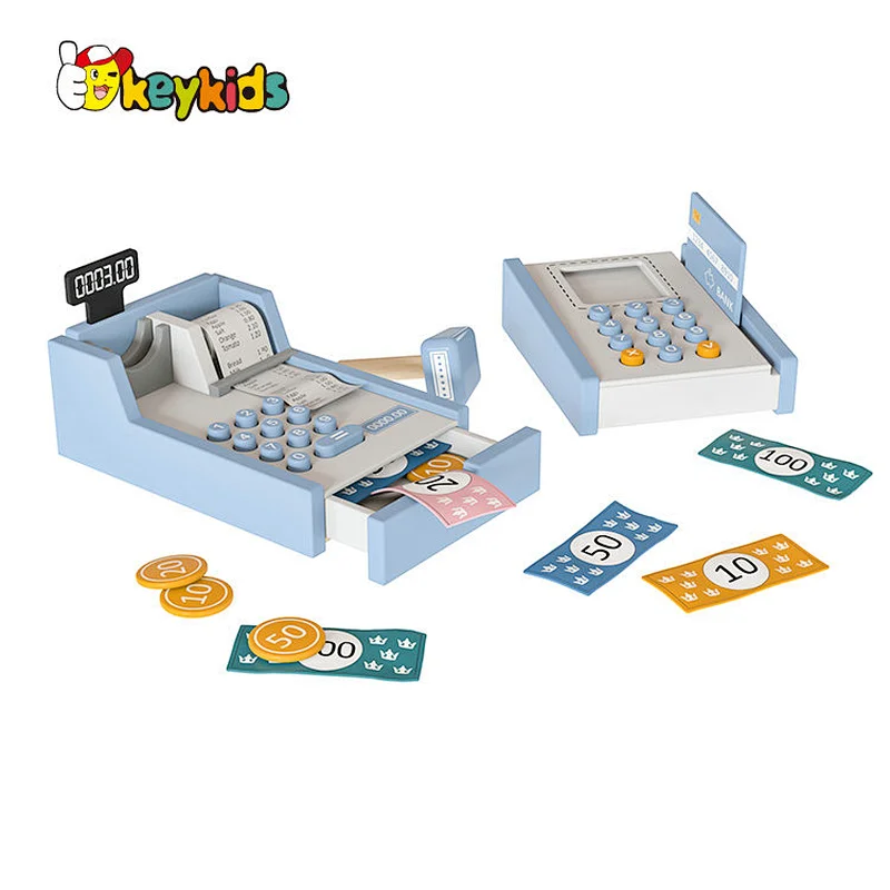 Customize Preschool Boys Girls Pretend Play Wooden Cash Register Toy with Scanner and Credit Card W10A203